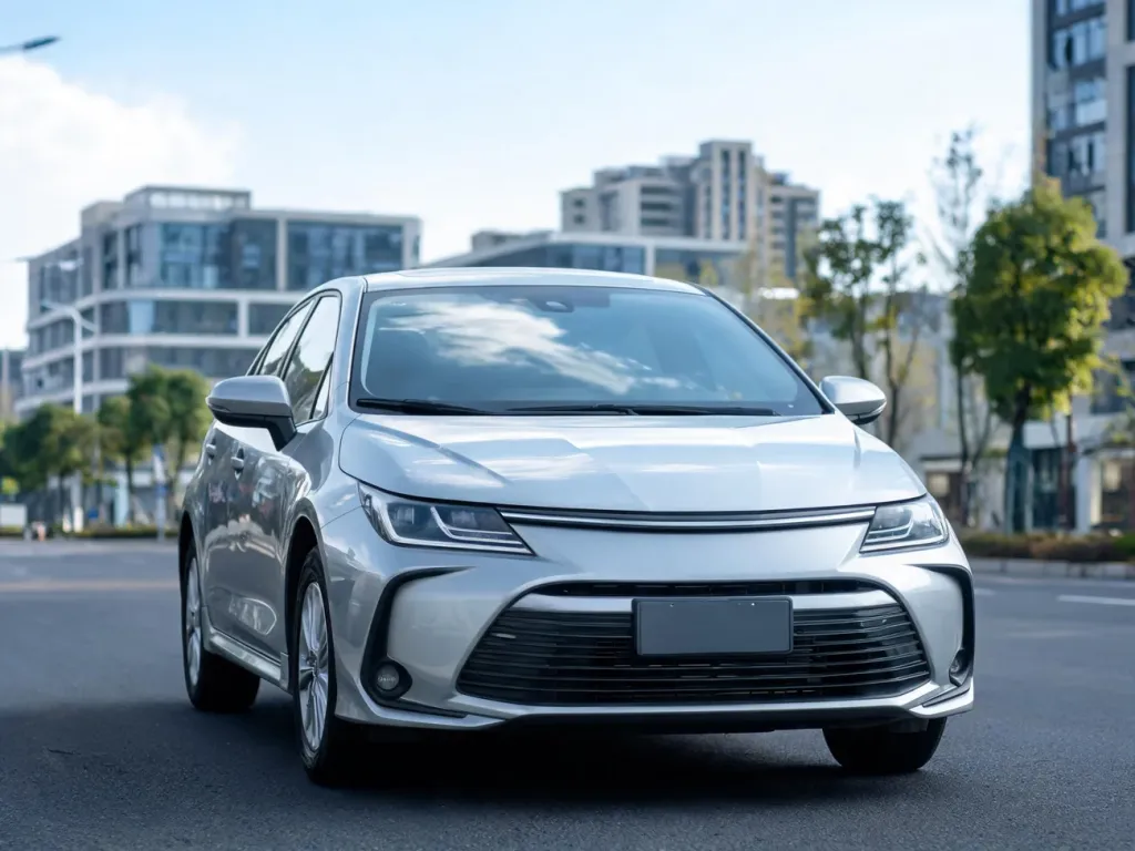 Srebrna Toyota Corolla zaparkowana na miejskiej ulicy, ukazana z przodu, podkreślająca nowoczesny wygląd auta.