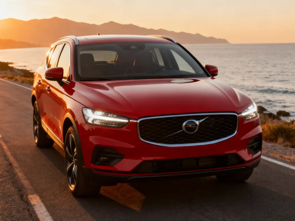 Czerwone Mazda CX-5 na nadmorskiej drodze o zachodzie słońca, eksponująca przód auta i dynamiczny charakter SUV-a.