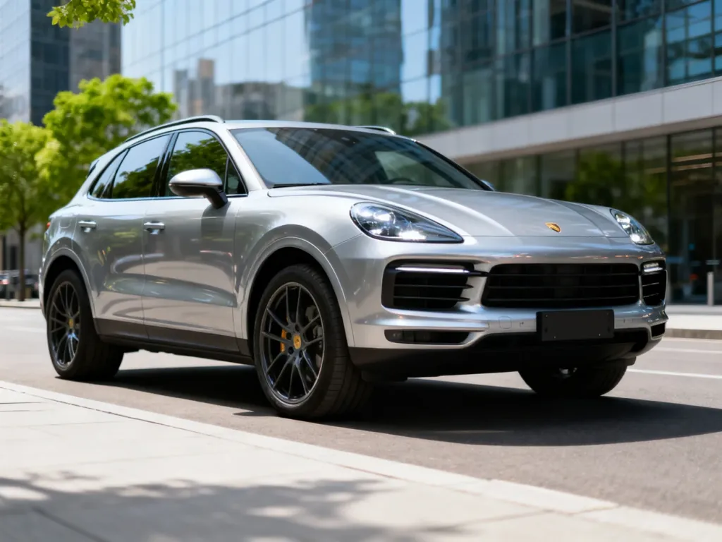 Srebrne Porsche Macan na miejskiej ulicy, widok z przodu, podkreślone reflektory i felgi, nowoczesne szklane budynki w tle.