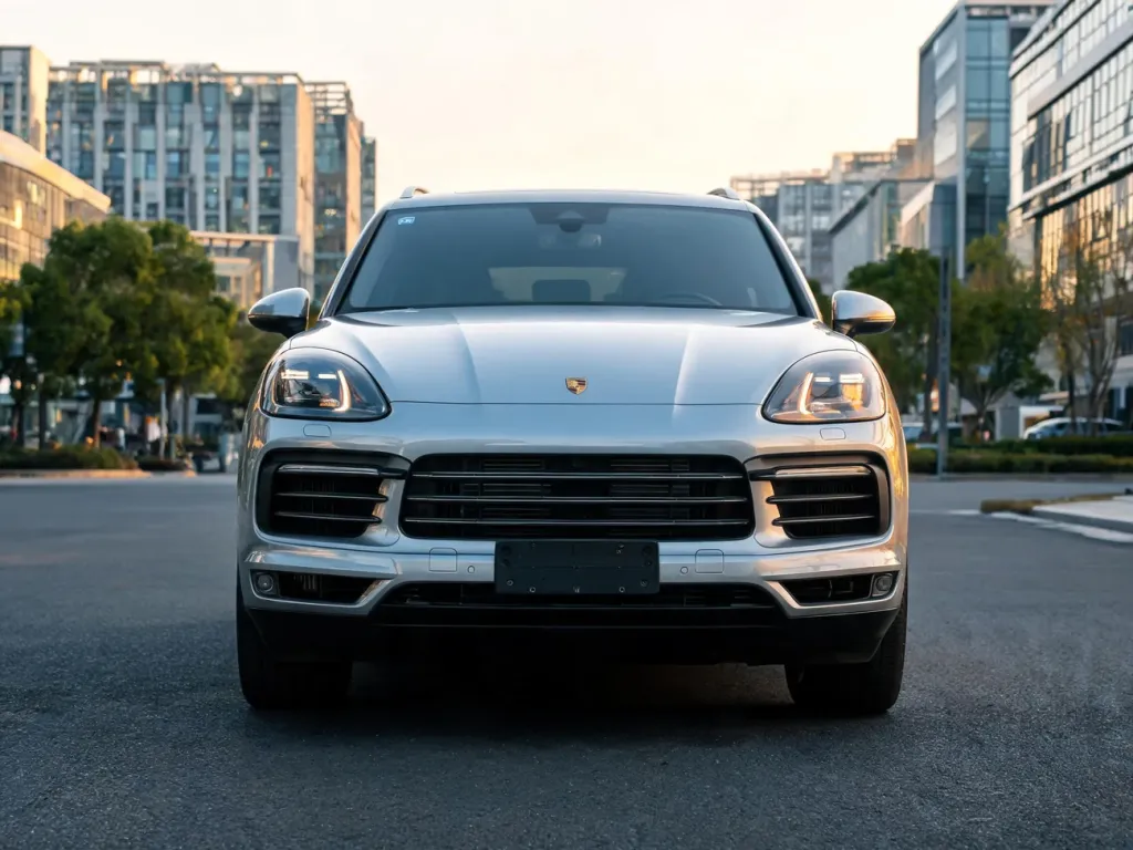 Srebrne Porsche Cayenne zaparkowane na nowoczesnej, miejskiej ulicy, podkreślające elegancję i design SUV‑a.