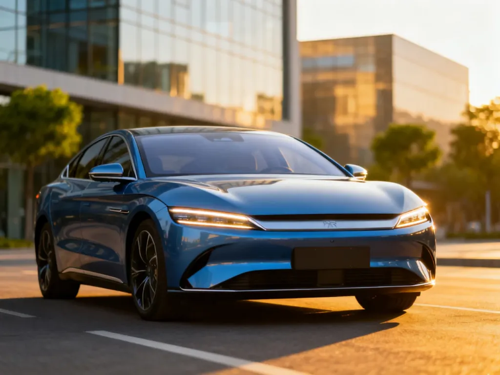 Elektryczny sedan Xiaomi SU7 w metalicznym niebieskim kolorze, podkreślone LED-y i aerodynamiczna linia nadwozia w miejskiej scenerii.