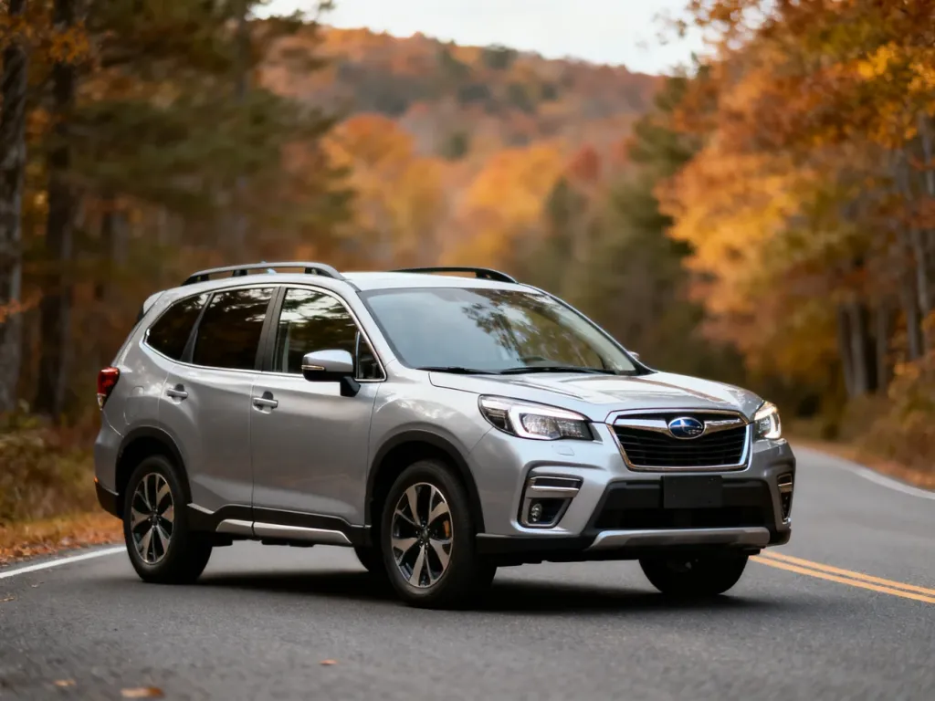 Srebrny Subaru Forester zaparkowany na malowniczej drodze w jesiennej scenerii.