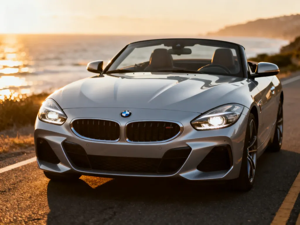 Srebrne BMW Z4 zaparkowane na malowniczej nadmorskiej drodze podczas złotej godziny, wyeksponowany przód auta.
