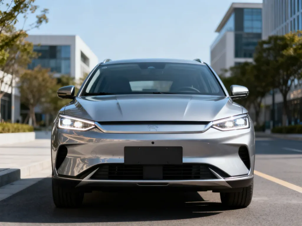 Kompaktowy SUV Omoda 7 w srebrnym kolorze zaparkowany na miejskiej ulicy, prezentacja designu przodu auta.