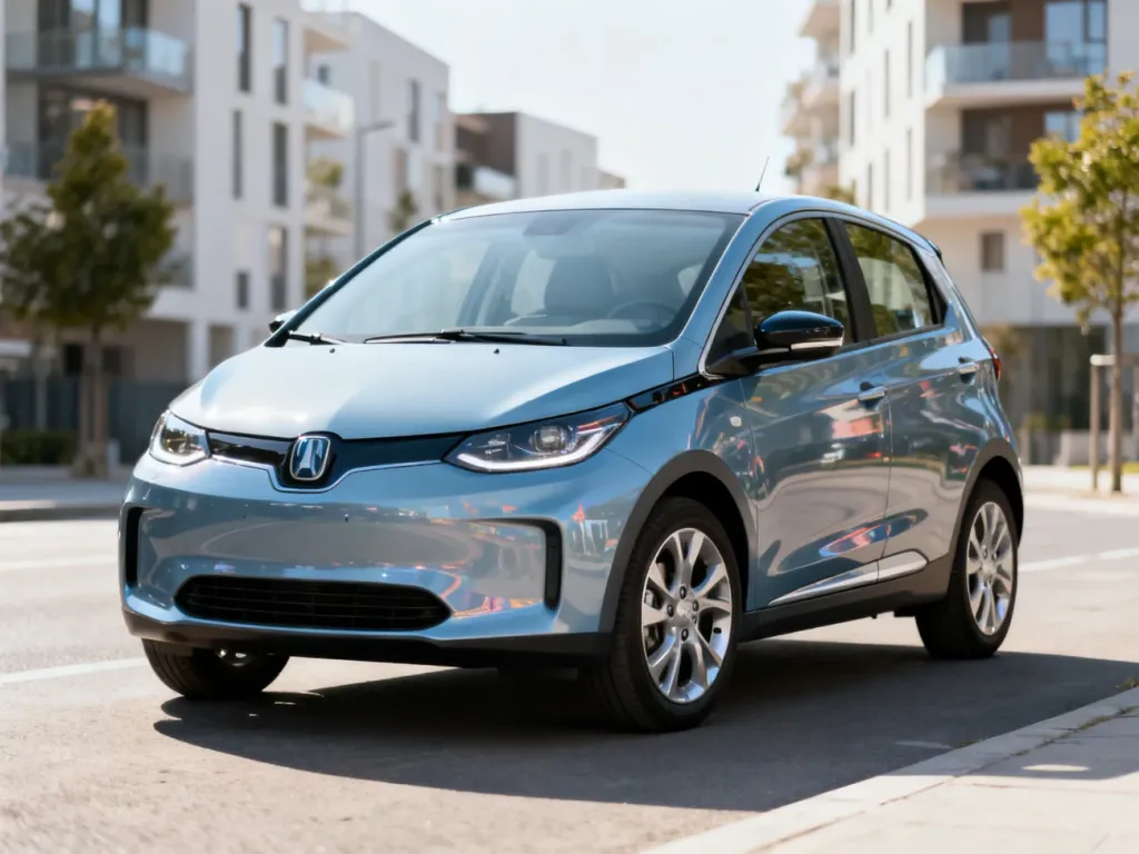 Elektryczny miejski hatchback Leapmotor T03 zaparkowany na tle nowoczesnych bloków, podkreślający kompaktowy charakter auta.