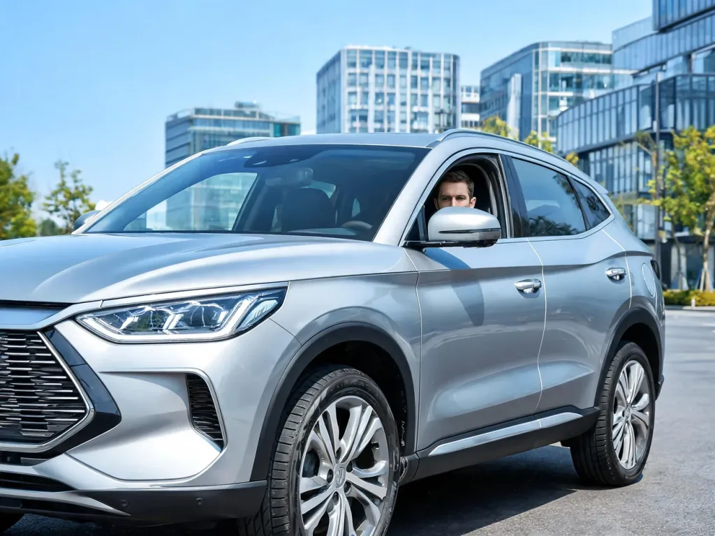 Omoda 5 w srebrnym kolorze zaparkowana na miejskiej ulicy, podkreślone ostre reflektory LED i nowoczesna sylwetka SUV-a