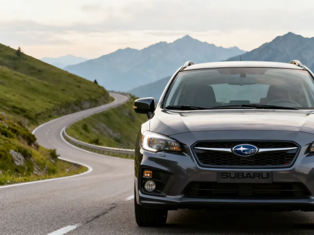 Nowoczesne Subaru zaparkowane na górskiej drodze, podkreślające stylistykę marki i charakter auta na krętych trasach