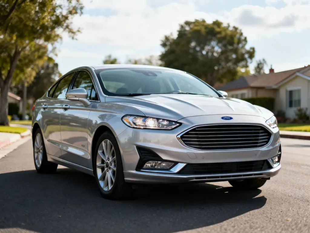 Srebrny Ford Mondeo mk5 zaparkowany na asfaltowej drodze, widoczny z przodu w ujęciu trzy czwarte.