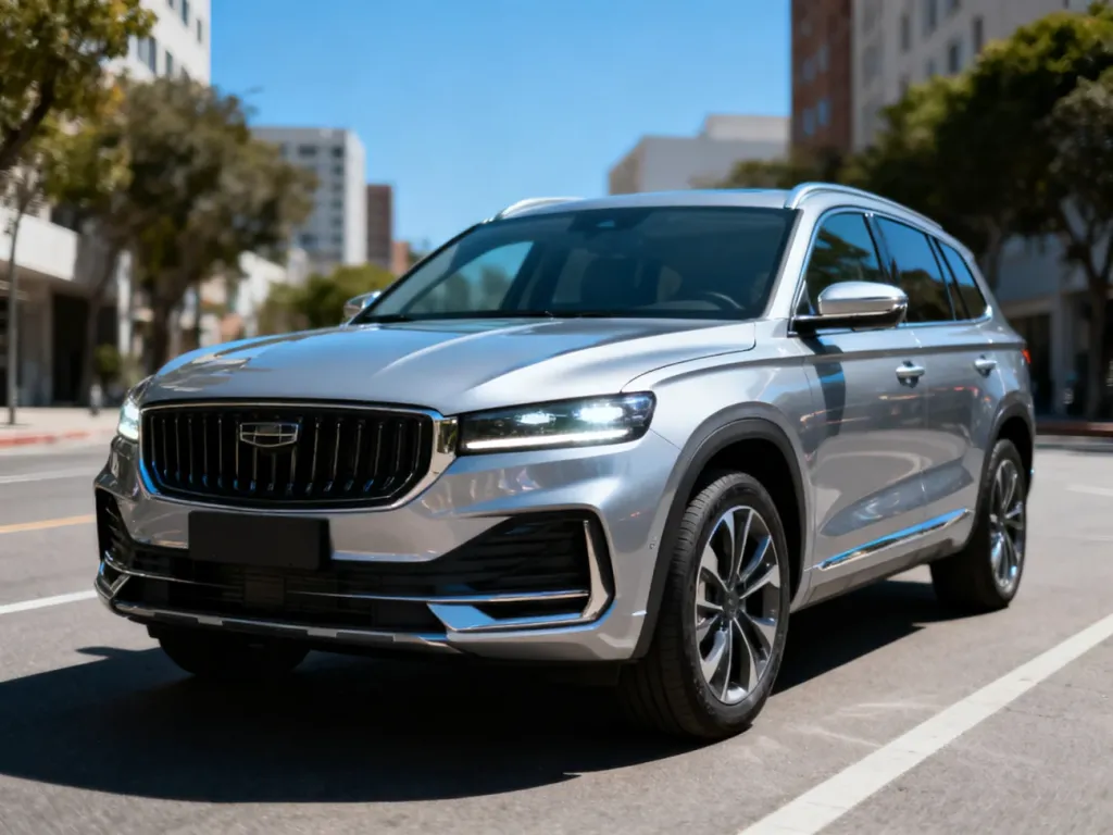 Srebrne Omoda 9 SUV stoi na miejskiej ulicy w słoneczny dzień, podkreślając nowoczesny design i detale nadwozia.