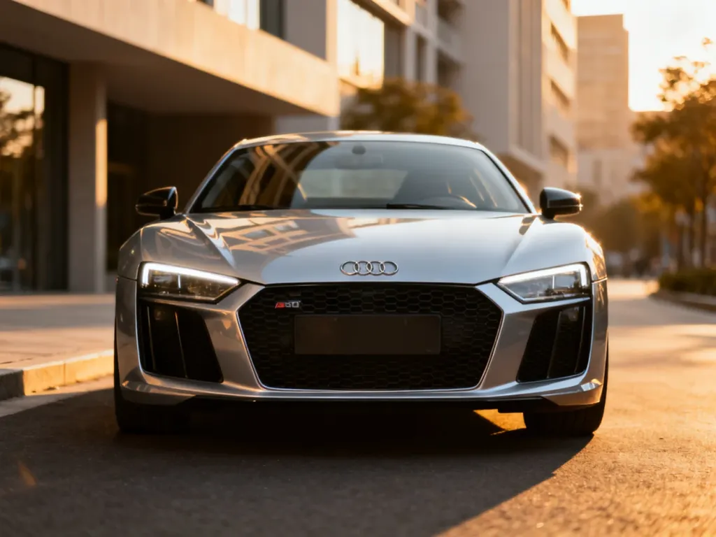 Srebrne Audi R8 stoi na miejskiej ulicy o złotej godzinie, podkreślając sportową sylwetkę, grill i reflektory.