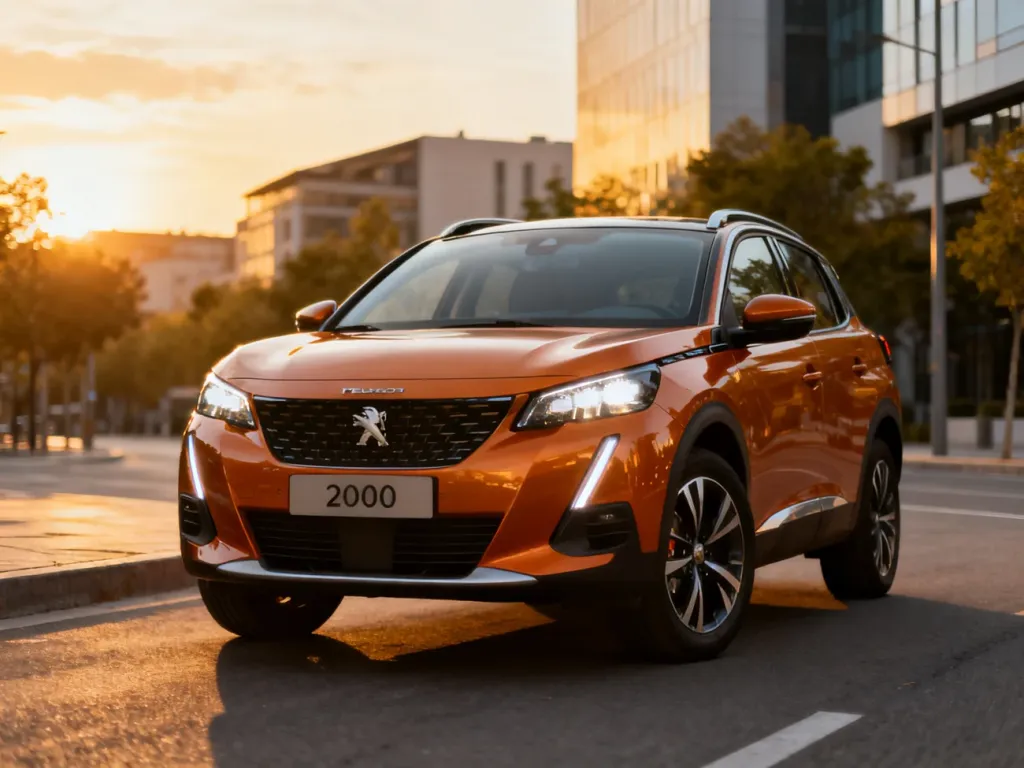 Pomarańczowy Peugeot 2008 zaparkowany na miejskiej ulicy o zachodzie słońca, podkreślający nowoczesny design SUV-a.