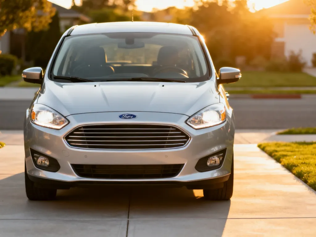 Srebrny Ford C-Max zaparkowany na podjeździe w świetle zachodzącego słońca, prezentujący nowoczesny design przodu auta.