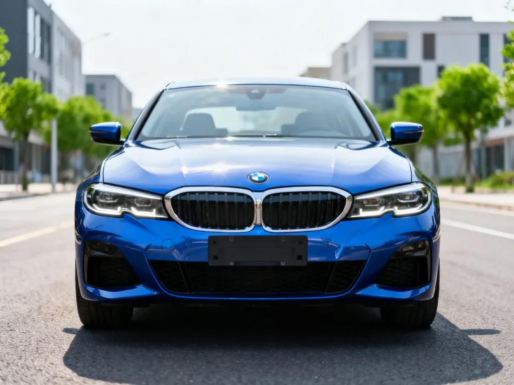 Metaliczny niebieski sedan BMW g20 na ulicy w nowoczesnym mieście, podkreślający design i charakter modelu.