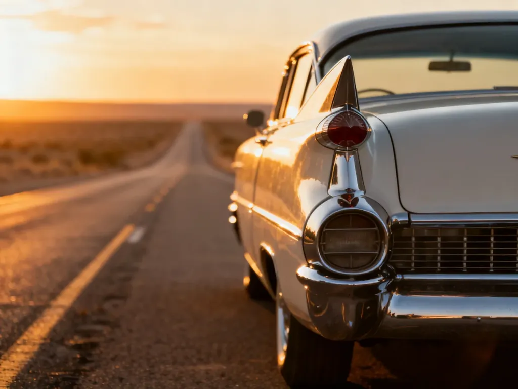 Zabytkowy Cadillac z lat 50. zaparkowany na pustynnej drodze w blasku zachodzącego słońca.