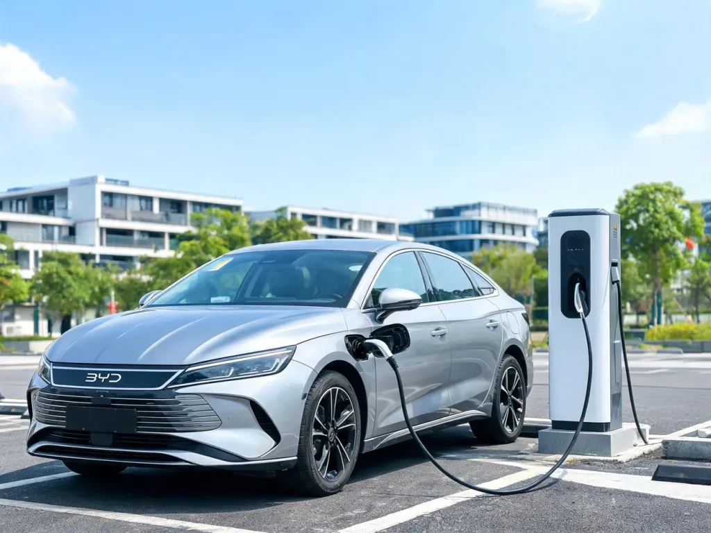 Elektryczny samochód BYD podłączony do ładowarki na tle miasta i drzew, prezentujący nowoczesny design i ekologiczny charakter.