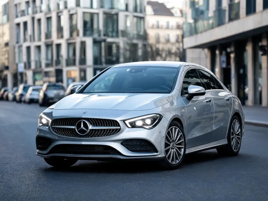 Srebrny Mercedes CLA z włączonymi LED-ami na miejskiej ulicy, podkreślający design nadwozia i felgi aluminiowe.