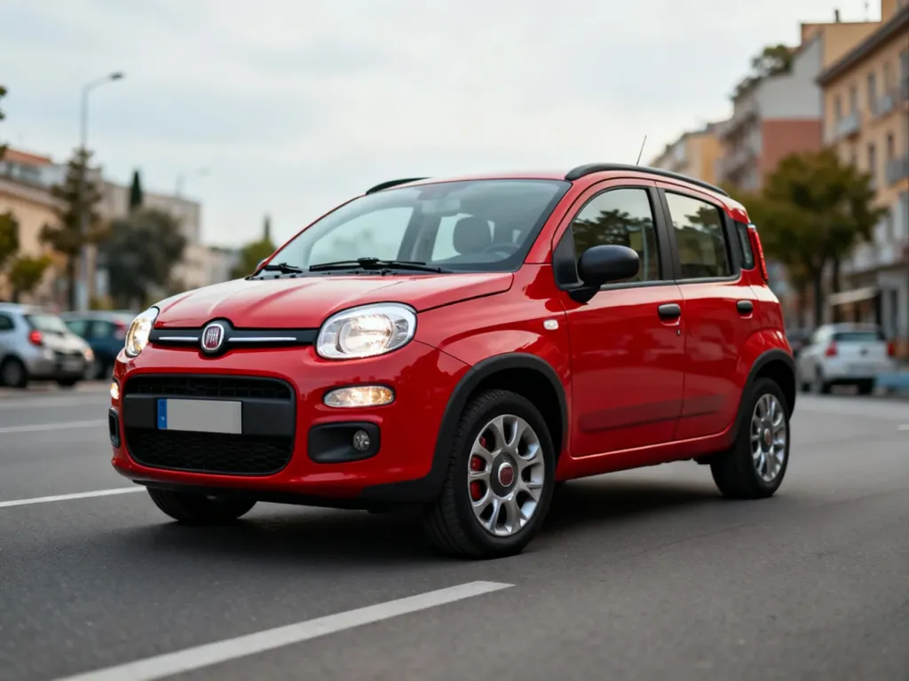 Czerwony Fiat Panda zaparkowany na miejskiej ulicy, widok z przodu, podkreślone reflektory i koła, tło rozmyte.