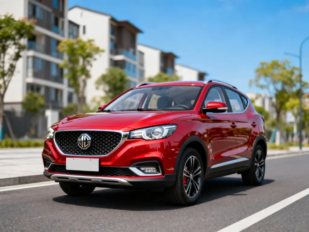 Czerwony SUV MG ZS zaparkowany na miejskiej ulicy, podkreślający stylistykę przodu, reflektory i grill modelu