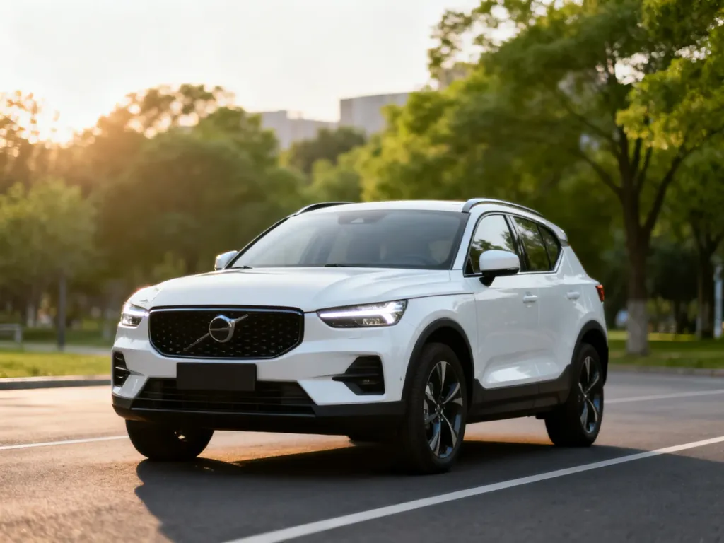 Biały SUV Baic Beijing 5 zaparkowany na asfaltowej drodze w otoczeniu zieleni. Widok z przodu prezentujący nowoczesny design.