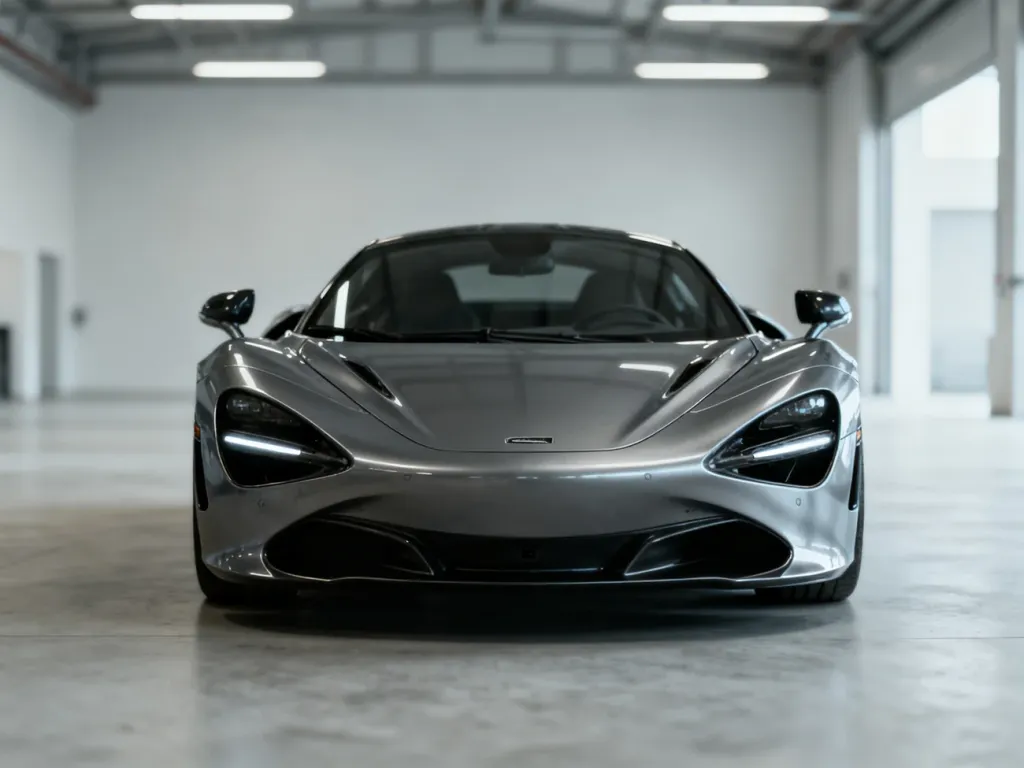 Srebrny McLaren 720S zaparkowany w nowoczesnym garażu, prezentujący aerodynamiczną sylwetkę i sportowy design.