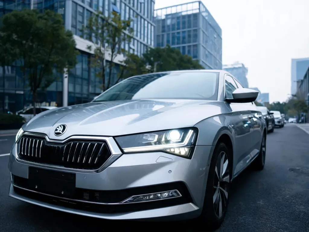 Srebrna Skoda Superb z włączonymi LED-ami na miejskiej ulicy, elegancki wygląd podkreślający charakter modelu.