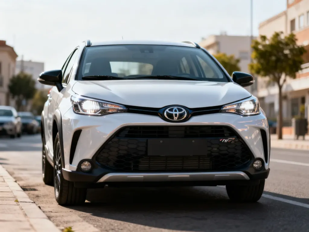 Nowoczesna Toyota Yaris Cross zaparkowana na miejskiej ulicy, prezentująca design przedniego pasa i reflektorów.