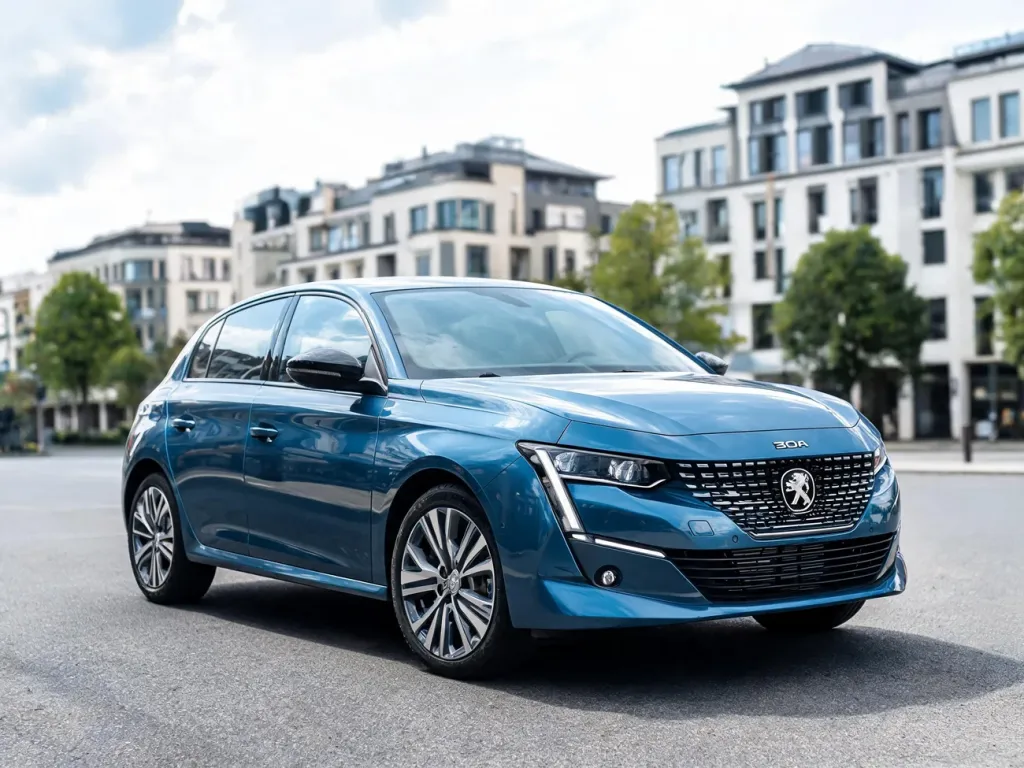 Peugeot 308 w metalicznym niebieskim kolorze zaparkowany na miejskiej ulicy, widok z przodu i boku, podkreślone reflektory i felgi