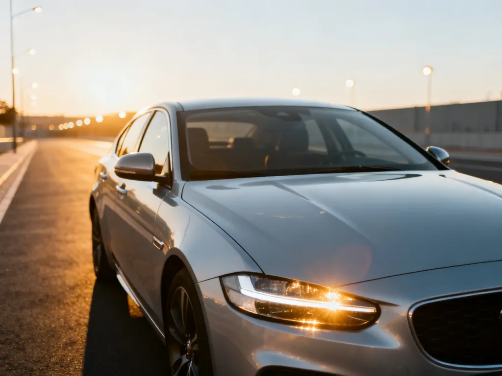 Srebrny sedan Kia Optima zaparkowany na nowoczesnej drodze w świetle zachodzącego słońca.