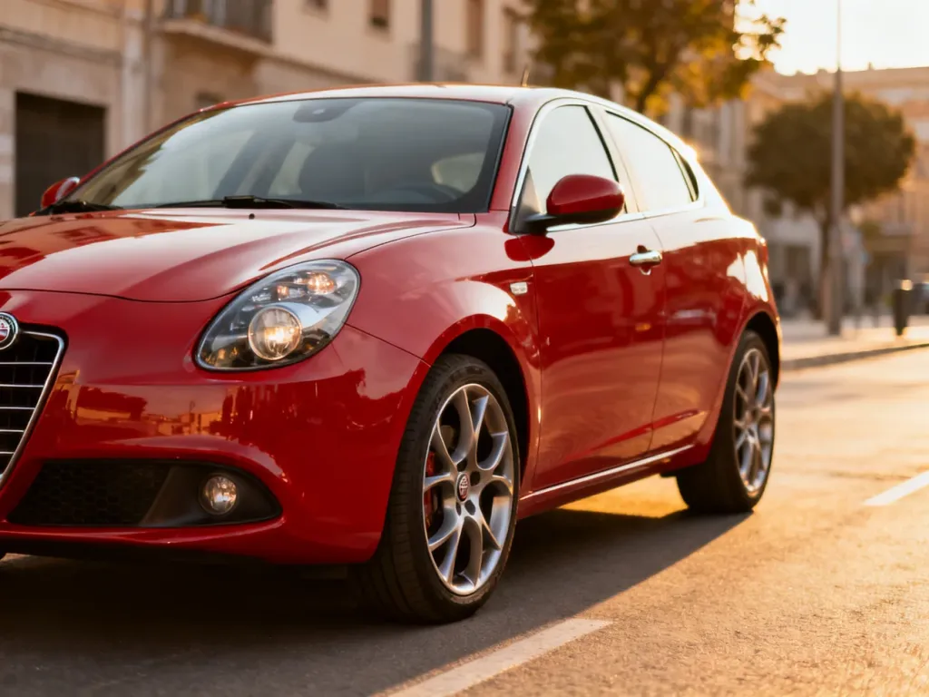 Czerwona Alfa Romeo Giulietta zaparkowana na miejskiej ulicy, prezentująca nowoczesny design i sportowe felgi.