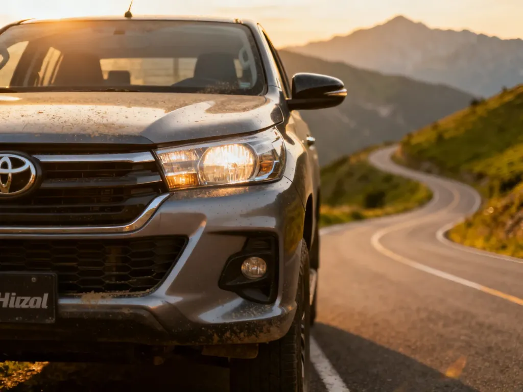 Nowoczesny pickup Toyota Hilux zaparkowany na malowniczej górskiej drodze podczas złotej godziny.