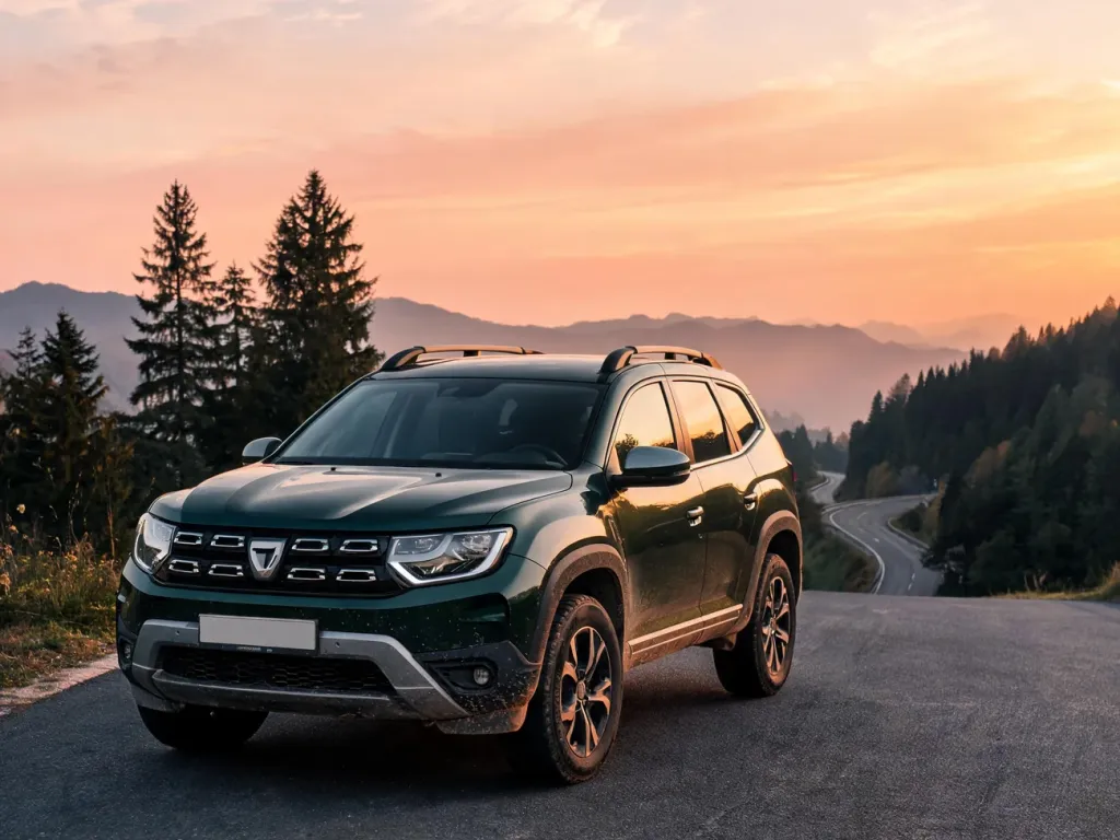 Dacia Bigster w ciemnozielonym kolorze stoi na górskiej drodze o zachodzie słońca, podkreślając terenowy charakter SUV-a.
