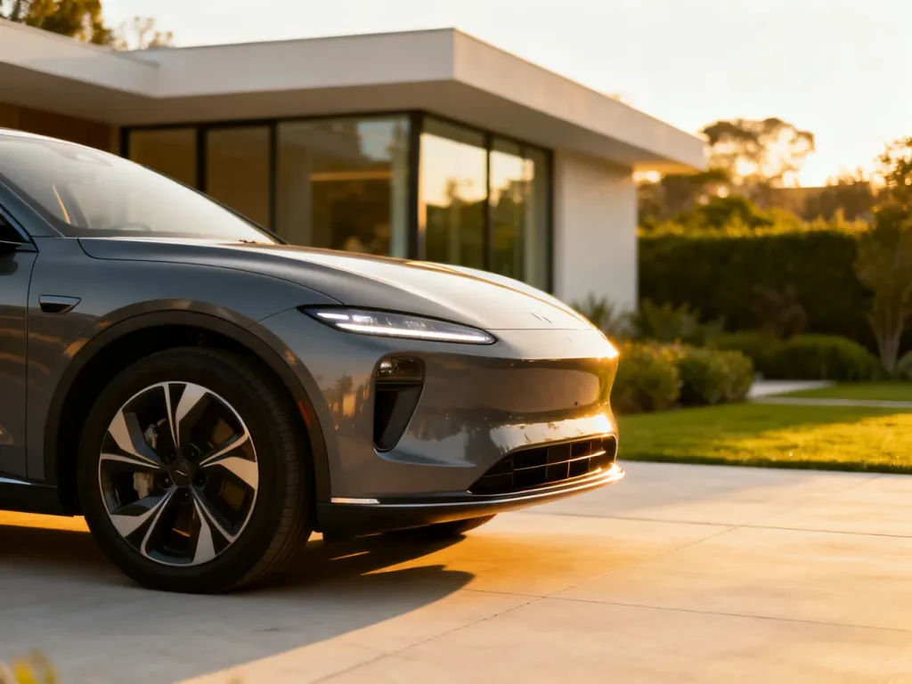 Nowoczesny elektryczny SUV Tesla Model Y zaparkowany na podjeździe w świetle zachodzącego słońca.