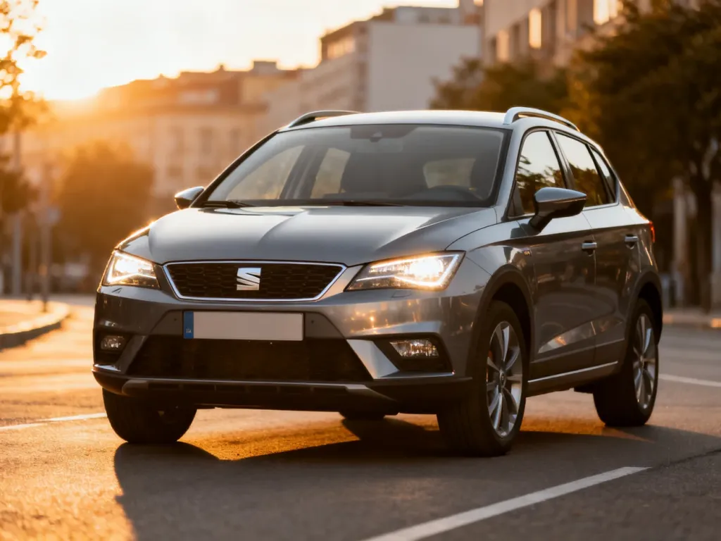 Seat Arona w kolorze szarym zaparkowany na miejskiej ulicy o zachodzie słońca, widok z przodu i boku auta.