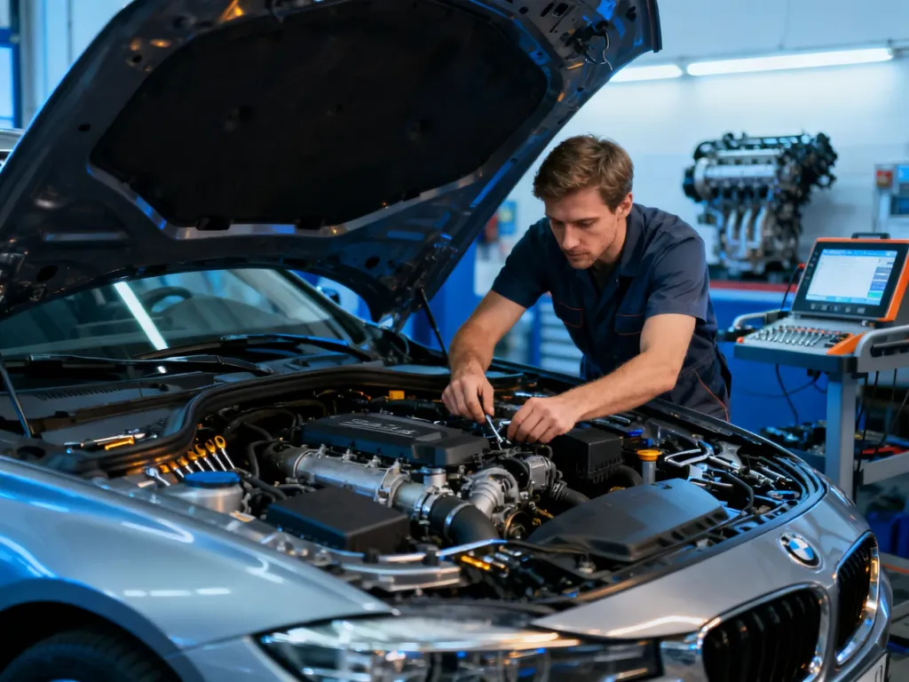 Mechanik samochodowy dokonuje inspekcji silnika w nowoczesnym warsztacie, diagnozując usterkę układu wydechowego.