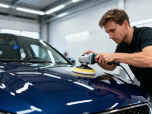 Mechanik wykonuje diagnostykę komputerową silnika podczas profesjonalnego przeglądu technicznego samochodu.