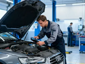 Mechanik samochodowy dokonuje inspekcji silnika w nowoczesnym warsztacie, diagnozując usterkę układu wydechowego.