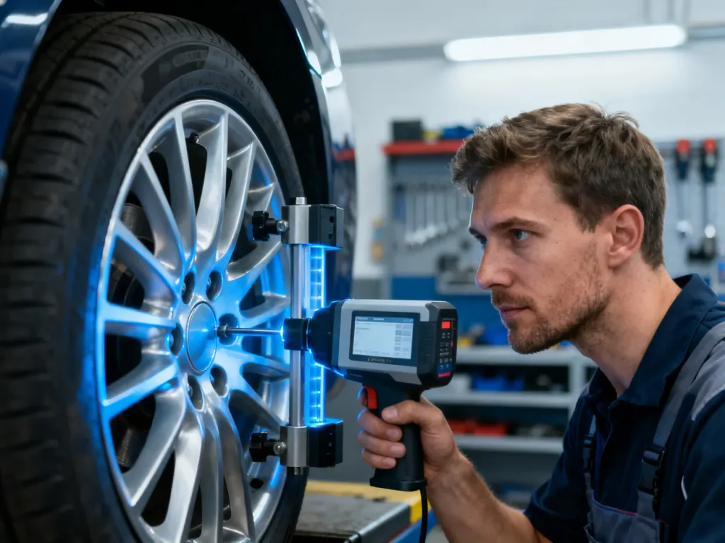 Mechanik wykonuje precyzyjną geometrię kół za pomocą nowoczesnego urządzenia laserowego w profesjonalnym warsztacie.