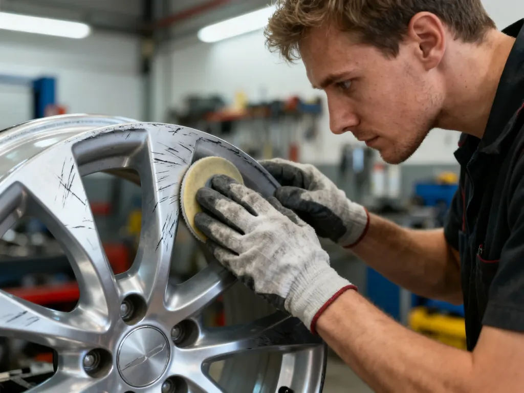 Mechanik w rękawicach ochronnych szlifuje zarysowaną felgę aluminiową w profesjonalnym warsztacie.