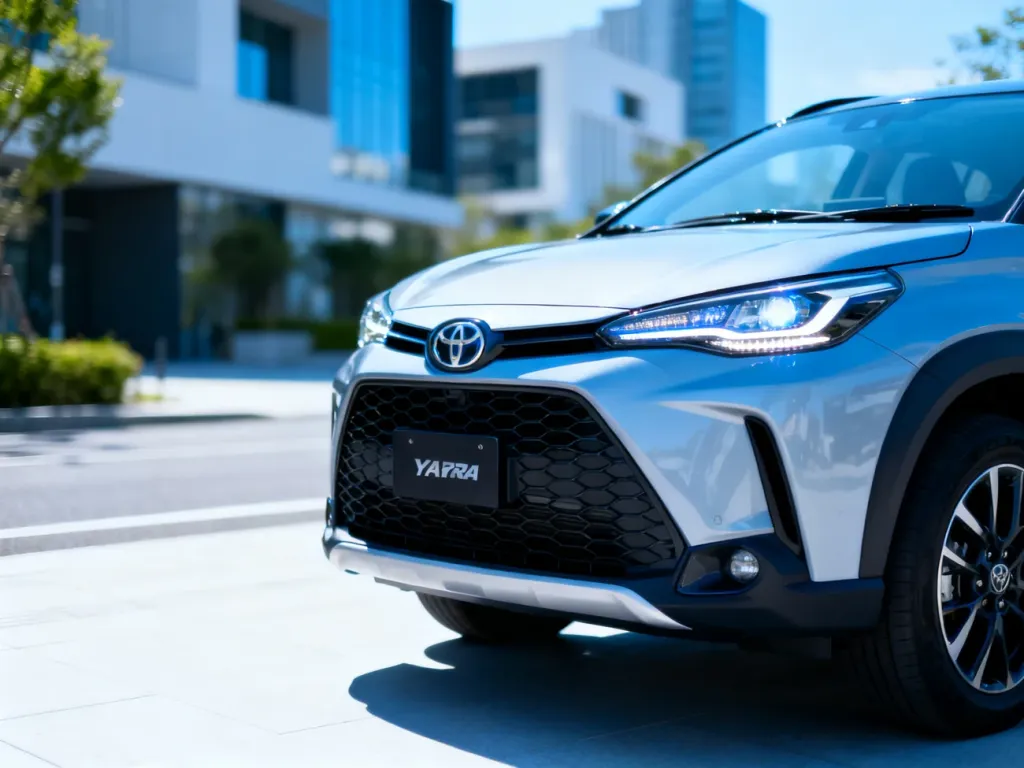 Nowoczesna Toyota Yaris Cross zaparkowana na słonecznej miejskiej ulicy, prezentująca detale przedniego grilla i reflektorów.