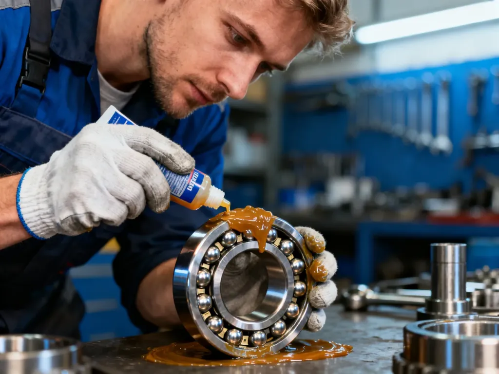 Mechanik precyzyjnie nakłada smar na stalowe łożysko w profesjonalnym warsztacie.