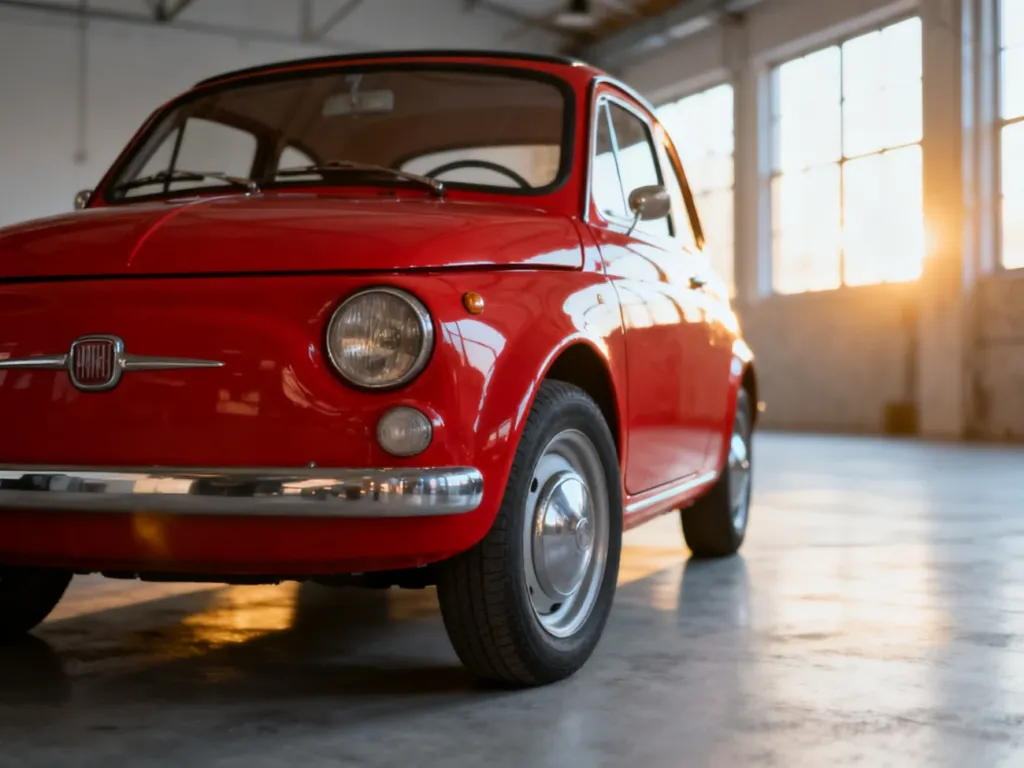Klasyczny czerwony Fiat 500 w minimalistycznym studiu, podkreślający ikoniczny design tego modelu.