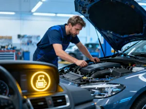 Mechanik nakłada preparat antykorozyjny na podwozie samochodu uniesionego na podnośniku w nowoczesnym warsztacie.