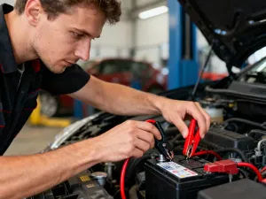 Mechanik wykonujący przegląd silnika w profesjonalnym warsztacie samochodowym.