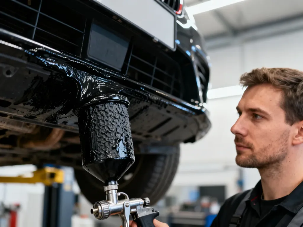 Mechanik nakłada czarną powłokę ochronną na podwozie samochodu w profesjonalnym warsztacie.