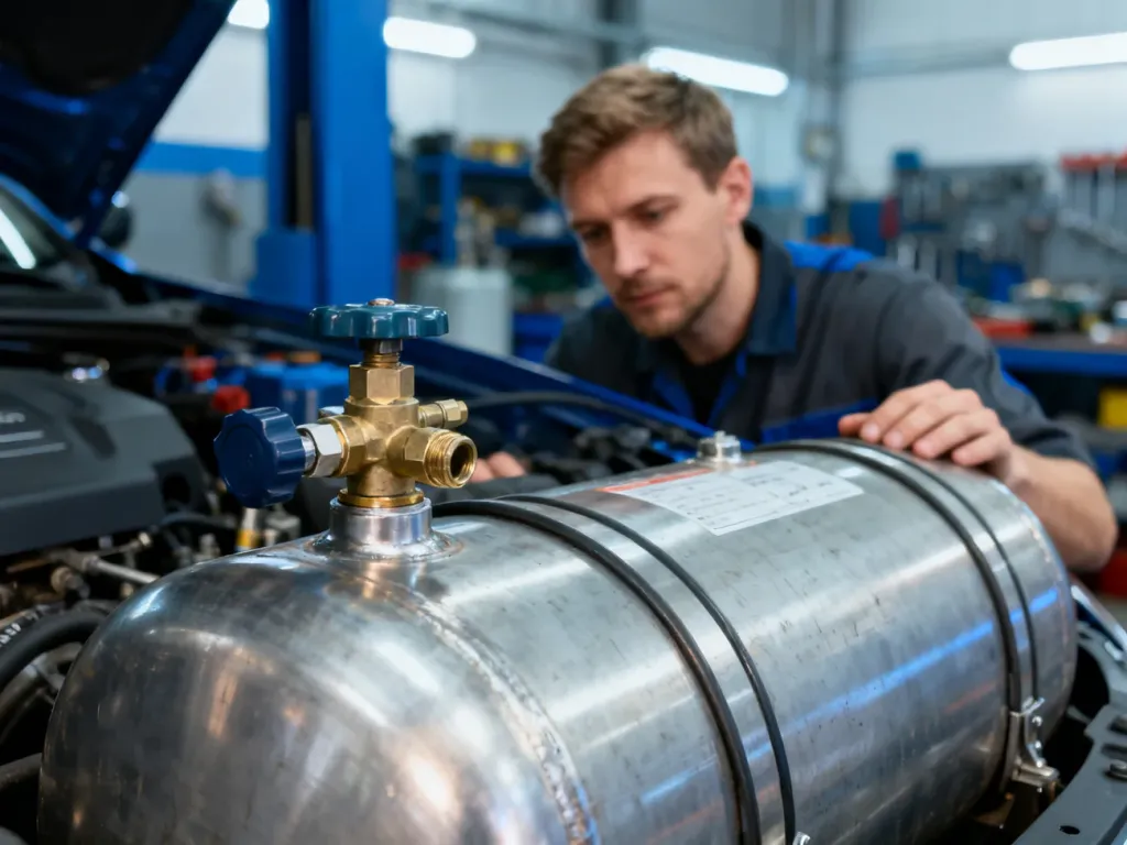 Mechanik w profesjonalnym warsztacie sprawdza zawór butli LPG w samochodzie.