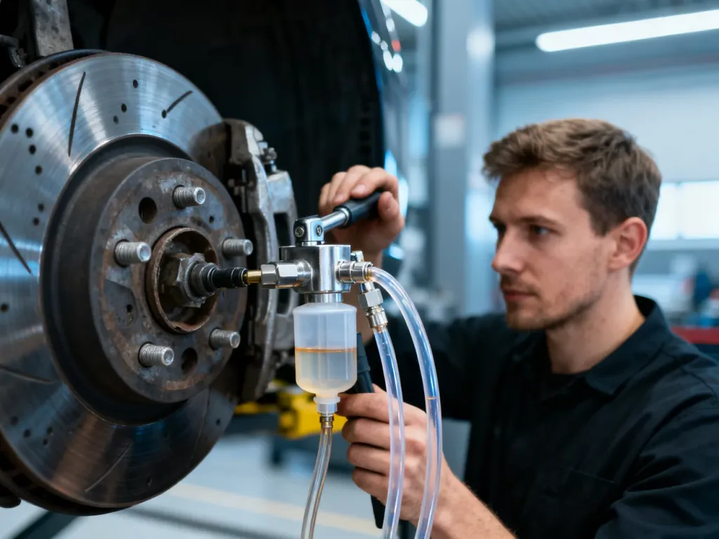 Mechanik używa profesjonalnego zestawu do odpowietrzania układu hamulcowego przy kole samochodu w warsztacie.