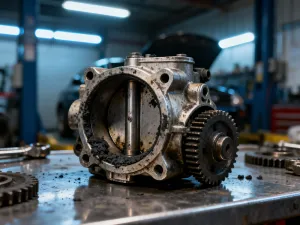Mechanik wlewa syntetyczny olej silnikowy do komory silnika samochodu Renault Laguna 3.