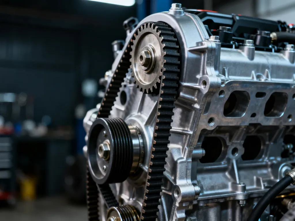 Zbliżenie na pasek rozrządu w silniku Ford 1.0 EcoBoost, ukazujące precyzyjny mechanizm napędowy.