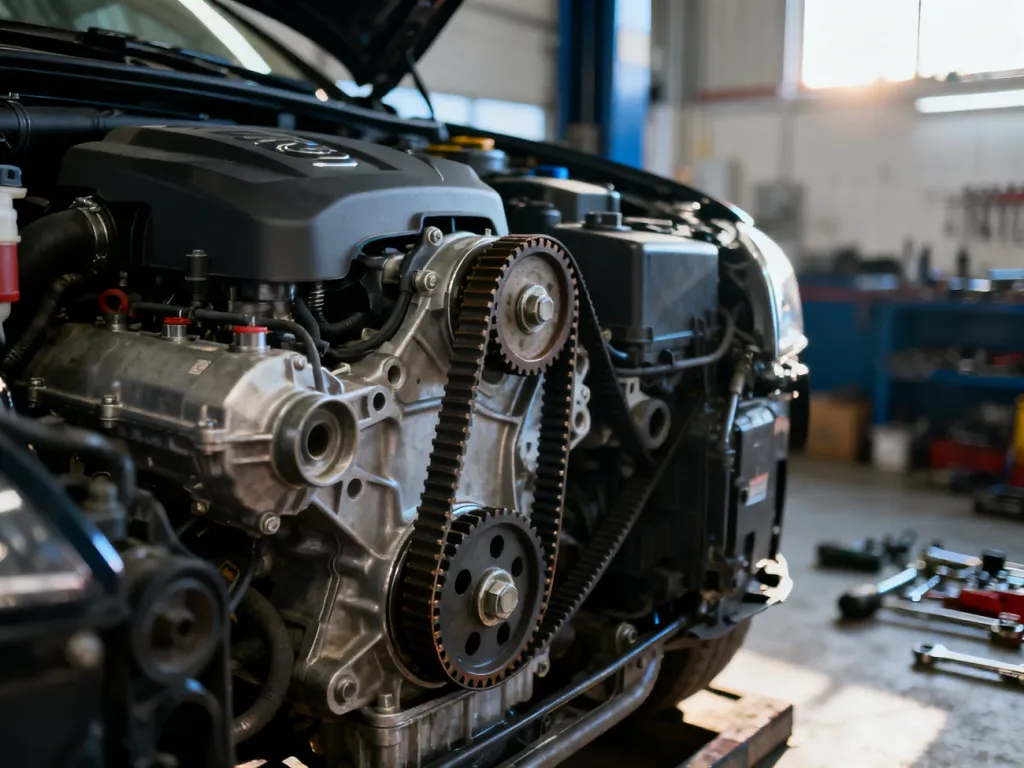Zbliżenie na pasek rozrządu w komorze silnika samochodu Ford Kuga podczas profesjonalnego serwisu mechanicznego.