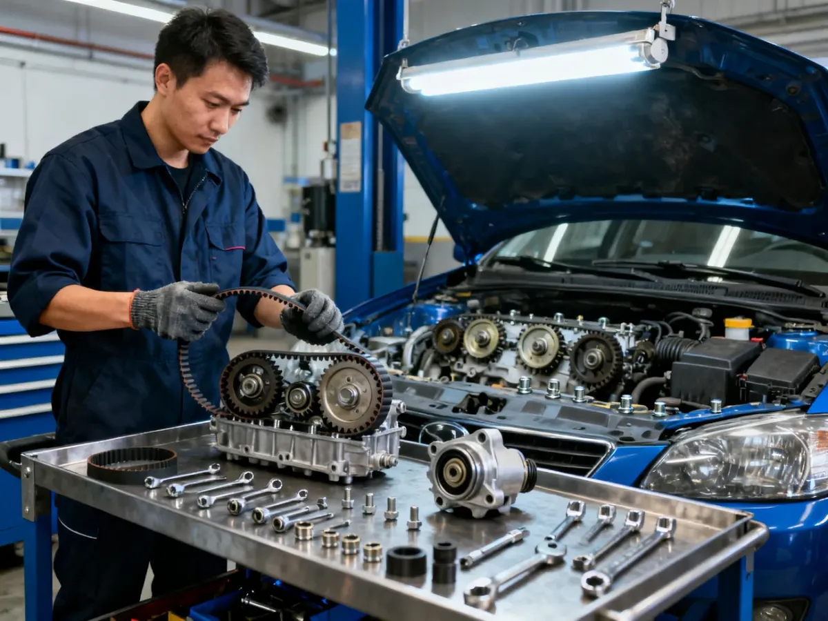 Mechanik oglądający kompletny zestaw rozrządu przy otwartym silniku samochodu